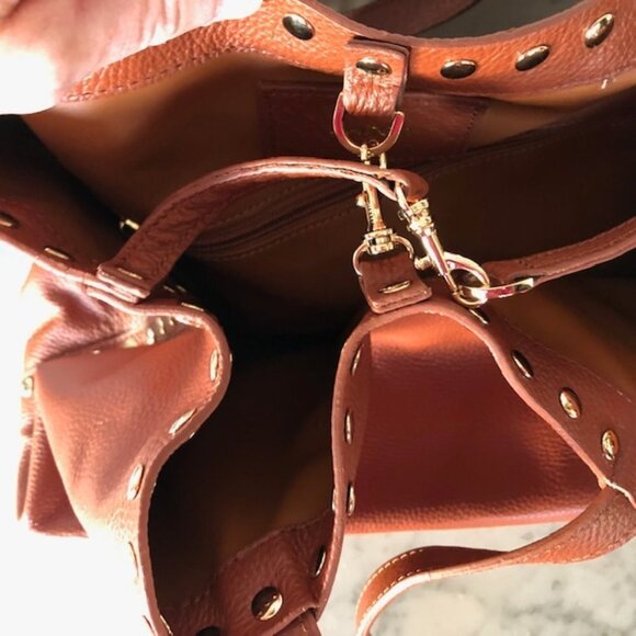 LAGGO Remy British Tan Leather Gold Studded Tassel Tote Bag NWOT - Picture 8 of 17